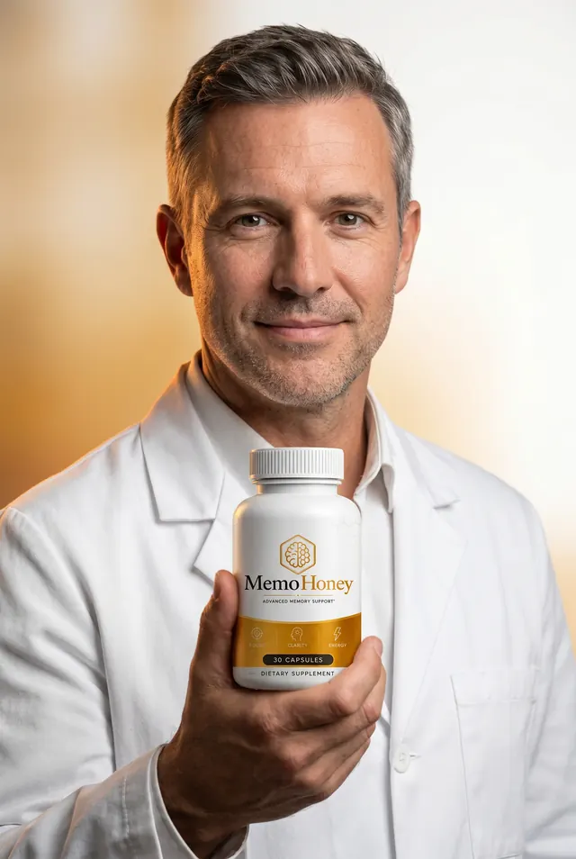 A practitioner holding the MemoHoney nootropic supplement