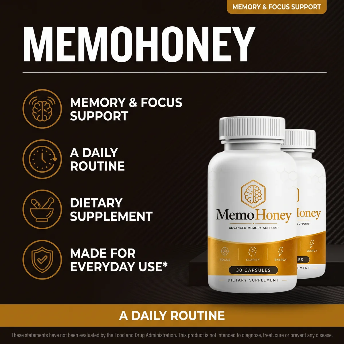 MemoHoney listing graphic: memory and focus support, a daily routine, dietary supplement, made for everyday use