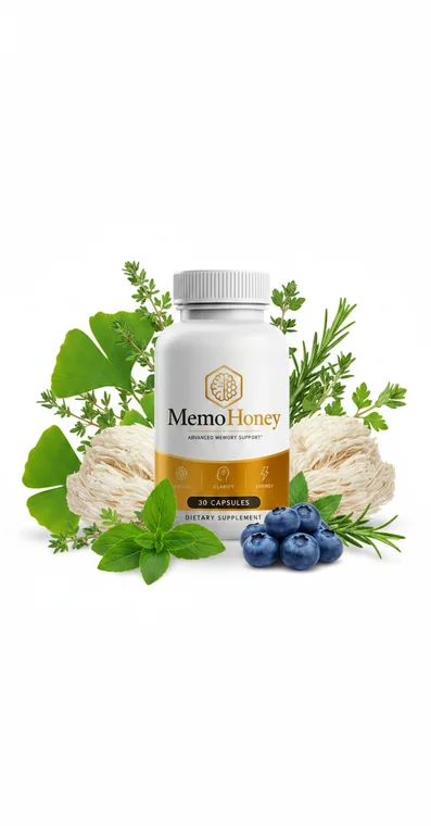 The MemoHoney bottle photographed among ginkgo leaves, lion's mane, blueberries and rosemary