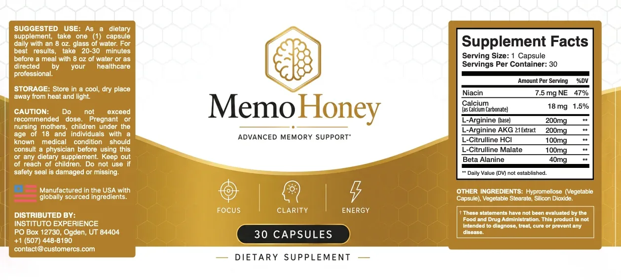 MemoHoney Supplement Facts panel: niacin 7.5 mg NE, calcium 18 mg, L-arginine 200 mg, L-arginine AKG 200 mg, L-citrulline HCl 100 mg, L-citrulline malate 100 mg, beta-alanine 40 mg